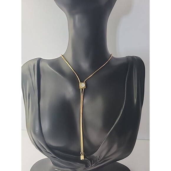Vintage Amway Necklace Bolo Lariat Gold Tone Mother of Pearls Stone Jewelry - Picture 1 of 11